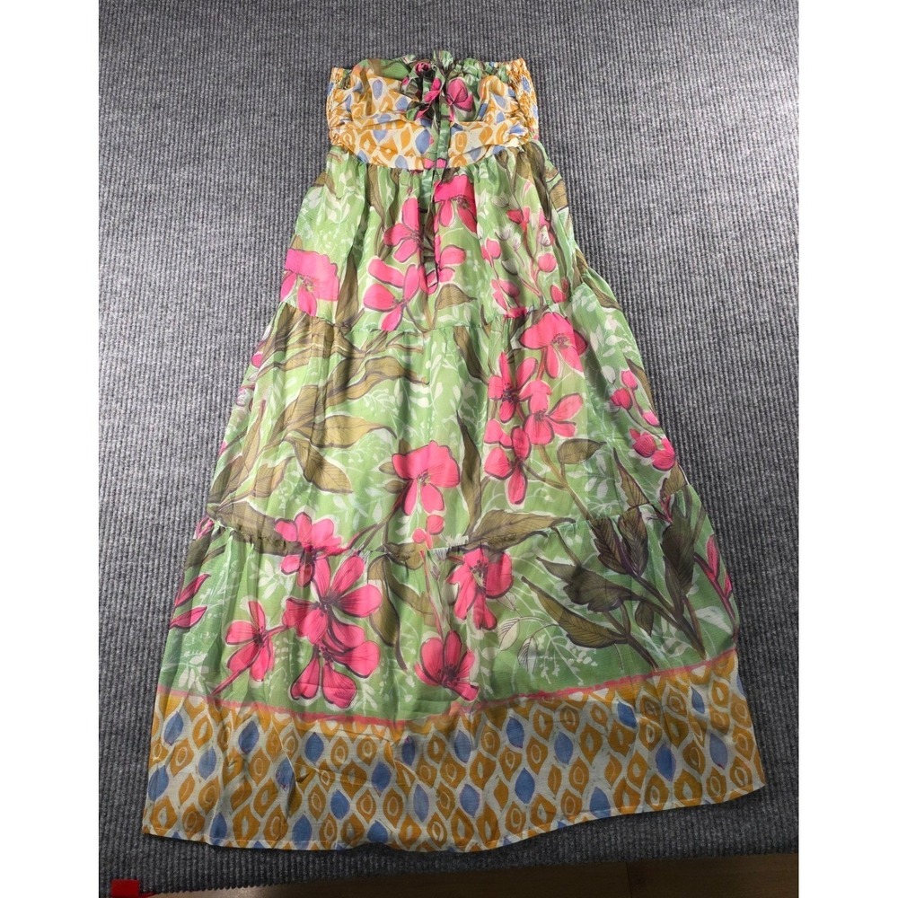 Umgee Strapless Floral Smocked Tiered Maxi Dress Green Pink Yellow Small NWT